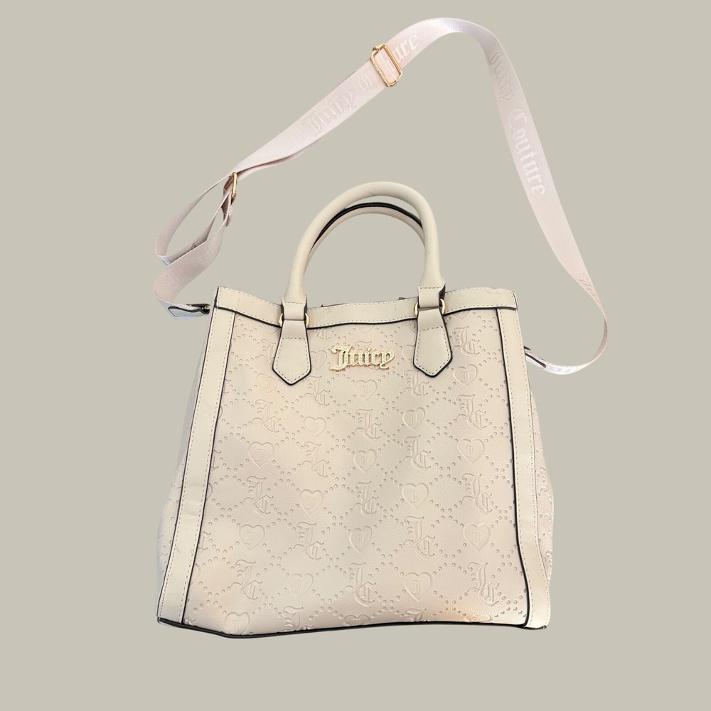 Juicy Couture Cream Embossed Logo Satchel Crossbody Bag Off White Heart Handbag